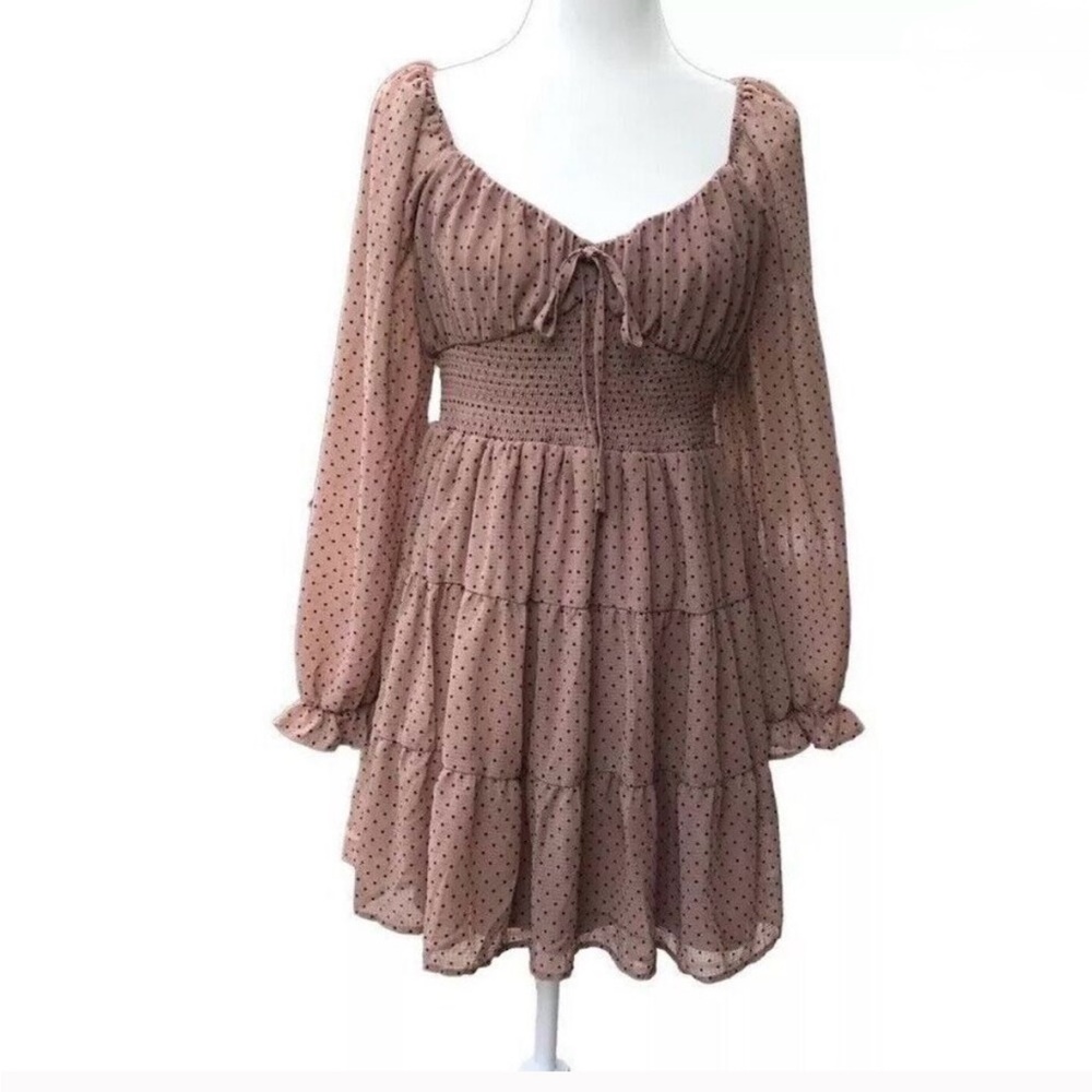 BY THE RIVER Tan Blush Black Polk Dots Babydoll  Anthropologie Dress Boho Medium
